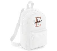 FunkyShirt Rose Gold Custom Initial and Personalised Name Kids Childrens School Backpack Bag Girls Cute Rucksack Bags Pretty Cursive Toddler Nursery Gym Sack (White)