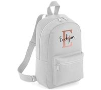 FunkyShirt Rose Gold Custom Initial and Personalised Name Kids Childrens School Backpack Bag Girls Cute Rucksack Bags Pretty Cursive Toddler Nursery Gym Sack (Light Grey)
