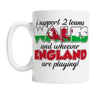 FunkyShirt Wales Rugby Supporters Mug - Funny 2022 Welsh Rivalry England Coffee Cup - I Support 2 Teams Cymru Gift, White