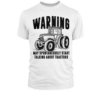 FunkyShirt Warning May Spontaneously Start Talking About Tractors t Shirt, Large - Mens, White
