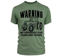 FunkyShirt Warning May Spontaneously Start Talking About Tractors t Shirt, Medium - Mens, Military Green