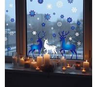 funlife Double-Sided Window Sticker, Non-Adhesive Christmas Windows Door Clings Decor, Glass Covering Decals, Blue & White Snowflakes and Deer
