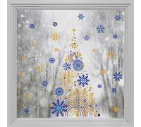 funlife Double-Sided Window Sticker, Non-Adhesive Christmas Windows Door Clings Decor, Glass Covering Decals, Blue & Gold Snowflake Christmas Tree