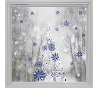 funlife Double-Sided Window Sticker, Non-Adhesive Christmas Windows Door Clings Decor, Glass Covering Decals, Blue & White Snowflakes Christmas Tree