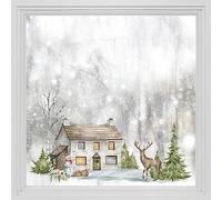 funlife Double-Sided Window Sticker, Non-Adhesive Christmas Windows Door Clings Decor, Glass Covering Decals, Village Cottage & Deers
