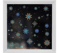 funlife Double-Sided Window Sticker, Non-Adhesive Christmas Windows Door Clings Decor, Glass Covering Decals, Light Blue & Gold Snowflakes