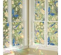 funlife Privacy Rainbow Window Film, Watercolor Static Cling Window Stickers, Non-Adhesive Double-Sided Vinyl Film, Blue Tits and Blooming Trees 43x100cm