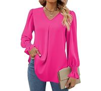 Funlingo Women's 2024 Long Sleeve Tops Dressy Casual V Neck Tunic Shirts Loose Chiffon Work Blouse, 00_rose Red Pink, XXL