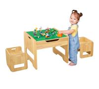 FUNLIO 2-in-1 Solid Wood Activity Table & 2 Chairs for Toddlers 3+, Height Adjustable Kids Play Table with 450pcs Building Blocks & Large Storage, Toddler Table for Play/Learnig, CPC & CE Certified