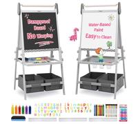 FUNLIO Art Easel for Kids Aged 3-8, Anti-Warp Board & Erasable Frame, Toddler Painting Easel with Magnetic Chalkboard/Whiteboard, 3 Height Adjustable, All-in-One Standing Easel with Paper Roll - Grey