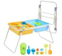 FUNLIO Foldable Sand and Water Table for 3-6 Years, Height Adjustable Toddler Sensory Table with dust Cover, 2 Storage Bins & Beach Accessories, Easy to Carry & Storage, CPC Certified