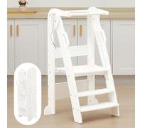 FUNLIO Foldable Toddler Step Stool for Kids 2-6 Years with 3-Level Adjustable Height, Folding Toddler Kitchen Stool with Safety Rails, Montessori Step Stool, Easy to Assemble - White