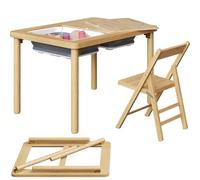 FUNLIO Foldable Wooden Sensory Table with 2 Bins & 1 Foldable Chair for Toddlers, Kids Sensory Table with Anti-Warping Plywood Lid, Indoor/Outdoor Play Sand and Water set, CPC Certified