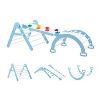 FUNLIO Height Adjustable Pikler Triangle Set, Montessori Climbing Frame Set with Solid Wood for Toddlers 2-5 yrs, 5-in-1 Indoor Play Gym with Arch/Slide/Climbing Rock/Triangle, Easy to Install - Blue