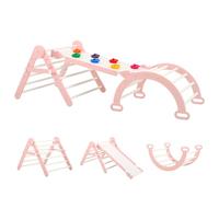 FUNLIO Height Adjustable Pikler Triangle Set, Montessori Climbing Frame Set with Solid Wood for Toddlers 2-5 yrs, 5-in-1 Indoor Play Gym with Arch/Slide/Climbing Rock/Triangle, Easy to Install - Pink