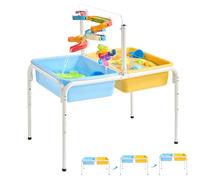 FUNLIO Sand and Water Table, 3 - Level Height Adjustable for Kids 3-6 Years, 4 in 1 Kids Sensory Table with 2 Storage Bins, Acrylic Board, Slide Track Toy, Windmill Toy & Beach Accessories