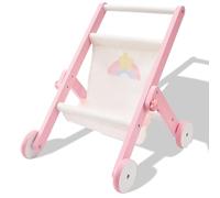 FUNLIO Wooden Doll Stroller for Toddlers 12 Months+, Adorable Pink Baby Doll Strollers for Pretend Play, Rounded Corner & Stable Triangular Structure, Easy to Assemble & Fold, CPC & CE Certified