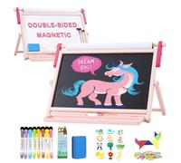 FUNLIO Wooden Table Top Easel for Kids Aged 3-5, 3 Angle Adjustable & Foldable Magnetic Kids Easel,Double Sided Tabletop Easel with Paper Roll Holder - Pink