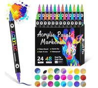 FUNLOV 48 Colors Acrylic Paint Markers, Dual Tip Acrylic Paint Pens with Brush and Fine Tips for Rock Painting, Canvas, Wood, Glass, Metal, Ceramic, Calligraphy, Card Making, DIY Xmas Crafts (24Pcs)