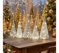 FUNLOV 5Pcs Illuminated Mercury Glass Trees - Upgrade Mercury Glass Christmas Trees with LED Lights, Crackled Mercury GlassTrees for Xmas Home Party Centerpiece Tabletop Mantel (Silver)