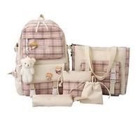 FUNLOV 5Pcs Kawaii Plaid Check Backpack Combo Kit with Kawaii Pin and Bear Pendant, Cute Children's Backpacks Kawaii School Bag Handbag Tote Bag Kawaii Aesthetic Backpack (Pink)