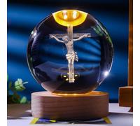 FUNLOV Crystal 3D Jesus Ball Night Light, 2.36in Statue Religious Gifts for Women Men, Glass Christian Sphere with Wooden Base, Collectible Keepsake for Christmas Home Party Decor (E)