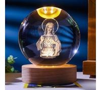 FUNLOV Crystal 3D Jesus Ball Night Light, 2.36in Statue Religious Gifts for Women Men, Glass Christian Sphere with Wooden Base, Collectible Keepsake for Christmas Home Party Decor (C)
