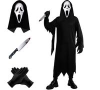 FUNLOV Ghost Face Costume Set for Kids, Scary Halloween Outfit Props | Ghostface Halloween Costume with Hooded Robe, Gloves, Scream Mask & Fake Knife for Horror Themed Parties, Cosplay Events