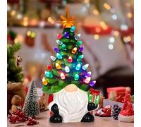 FUNLOV Gnomes Christmas Tree Decorations - Lighted Up Gnomes Green Christmas Tree with Multicolored Lights and Star Topper - Mini Pre-lit Hand-Painted Xmas Tree Decor for Holiday Home Tabletop Indoor