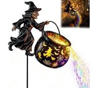FUNLOV Halloween Solar Witch Cauldron Garden Light Outdoor, Waterfall-Style LED Hanging Metal Lantern with Fairy String Light and Shadow Projection, Halloween Lights Decorations for Yard Lawn Porch