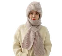 FUNLOV Integrated Ear Protection Windproof Cap Scarf,Winter Knitted 2 in 1 Scarf Ear Guard Hat,Thicked Warm Eavesless Hooded Scarf for Women (Polyester, Oatmeal color)