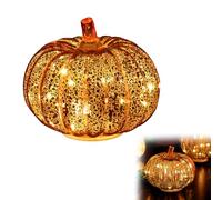 FUNLOV Pumpkin Autumn Decorations, Light Up Glass Pumpkin with Timer, Gold Fake Faux Artificial Pumpkins for Halloween Fall Harvest Festival Home Table Decor (A)