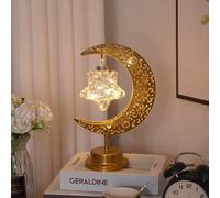 FUNLOV Ramadan Crescent Moon Lamp, Gold Bronze Metal, Battery Operated, Eid Decorations, Bedside Lamp