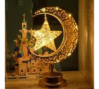 FUNLOV Ramadan Crescent Moon Lamp, Gold Metal, Battery Operated, Vintage Rustic Style, Eid Decorations