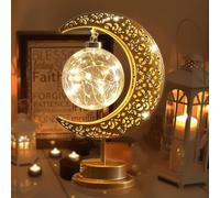 FUNLOV Ramadan Moon Table Lamp Crescent Lamp, Gold, Metal, Battery Operated, LED, Iron, 10x18x27cm, 350g, Tabletop, Indoor, 1 Piece