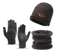 FUNLOV Winter Hat Scarf Gloves Set, Thermal Warm Knitted Beanie Cap Circle Neck Warmer Touchscreen Glove Outdoor Sports Super Soft Fleece Inner Lining Stretchy Elastic Gift for Men Women (Grey)