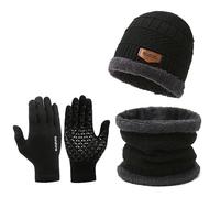 FUNLOV Winter Hat Scarf Gloves Set, Thermal Warm Knitted Beanie Cap Circle Neck Warmer Touchscreen Glove Outdoor Sports Super Soft Fleece Inner Lining Stretchy Elastic Gift for Men Women (Black)