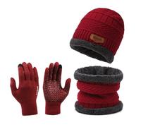 FUNLOV Winter Hat Scarf Gloves Set, Thermal Warm Knitted Beanie Cap Circle Neck Warmer Touchscreen Glove Outdoor Sports Super Soft Fleece Inner Lining Stretchy Elastic Gift for Men Women (Red)