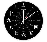 Funlucy Decorative Silent No Ticking Wall Clock Japan Kanji Style Black Face Round Modern Wooden Clocks for Bedroom Living Room Home Office School Wall Art Decor, 25 X 25 CM