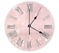 Funlucy Decorative Silent No Ticking Wall Clock Silver Pink Glitter Minimal Metallic Roman Numbers Round Modern Wooden Clocks for Bedroom Living Room Home Office School Wall Art Decor, 25 X 25 CM