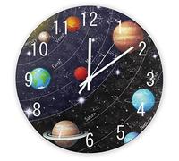 Funlucy Decorative Silent No Ticking Wall Clock Space Planet Solar System Round Modern Wooden Clocks for Bedroom Living Room Home Office School Wall Art Decor, 38 X 38 CM