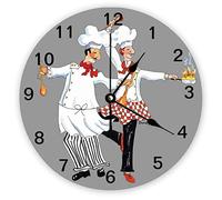 Funlucy Decorative Silent No Ticking Wall Clock Two Chefs Funny Round Modern Wooden Clocks for Bedroom Living Room Home Office School Wall Art Decor, 25 X 25 CM