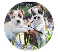 Funlucy Modern Round Wall Clock - Adorable Jack Russell Puppies Natural theme Silent Non Ticking Wall Clocks for Kitchen, Office, Retro Hanging Clock, 10 Inches