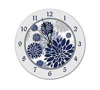 Funlucy Modern Round Wall Clock Navy Blue Gray Flower Graphic Silent Non Ticking Wall Clocks for Kitchen, Office, Retro Hanging Clock, 10 Inches