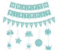 Funmemoir 10th Birthday Decorations for Girls Teal - Happy 10 Birthday Banner, Double-Sided Hanging Swirls, Turquoise Triangle Flag Banner for Double Digits 10th Birthday Party Supplies