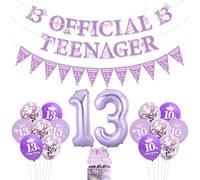 Funmemoir 13th Birthday Decorations for Girls Purple - Official Teenager Banner, Triangle Flag Banner, 13th Official Teenager Cake Topper, 13 Foil Balloon for 13 Year Old Birthday Party Supplies