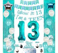 Funmemoir 13th Birthday Decorations Teal - Official It’s 13 i’m a Teen Banner, Turquoise Foil Curtain, Cake Cupcake Toppers, 13 Foil Balloons for Girls Teal Blue Official Teenager 13th Birthday Decor