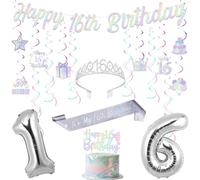 Funmemoir 16th Birthday Decorations for Girls Silver Iridescent Happy It's My 16th Birthday Party Banner Cake Topper Hanging Swirls Crown and Sash for Sweet 16 Years Old Bday Party