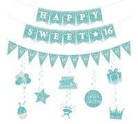 Funmemoir 16th Birthday Decorations Teal - Happy Sweet 16 Banner, Sweet Sixteen Hanging Swirls, Triangle Flag Banner for Girls Turquoise Happy 16th Birthday Party Supplies