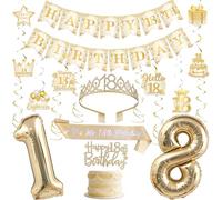 Funmemoir 18th Birthday Party Decorations for Girls White and Gold Happy 18th Birthday Banner Cake Topper Crown and Sash Hanging Swirls Balloons for Eighteen 18 Years Old Party Decorations